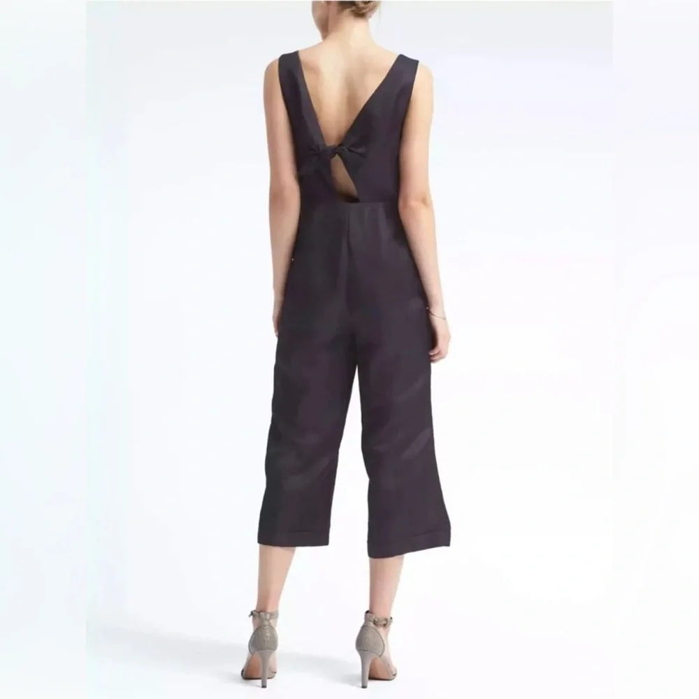 NEW Banana Republic Women’s V-Neck Linen Blend Wide Leg Jumpsuit Navy 00P Petite